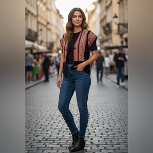 Vtg J.Peterman s/s Boho Black Velvet Vest Jacket w/Frog Closure -Waist Coat Sz 8